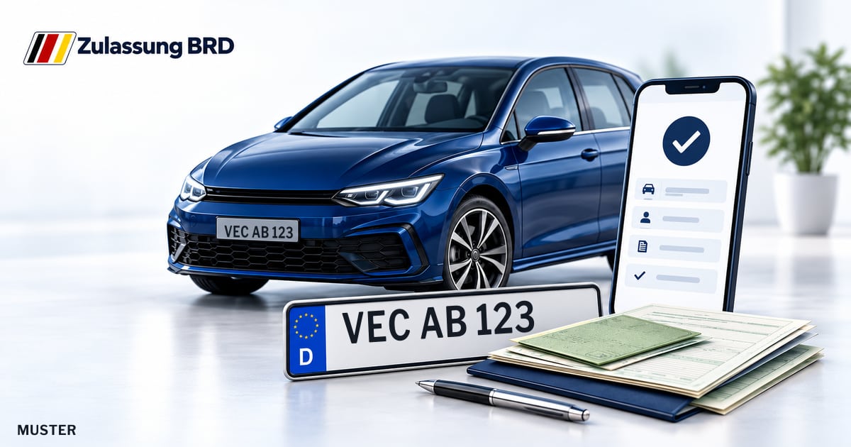 Online Fahrzeugzulassung in Dinklage: Musterkennzeichen VEC AB 123, Auto und Fahrzeugpapiere und Smartphone. Illustration mit Logo von Zulassung BRD.